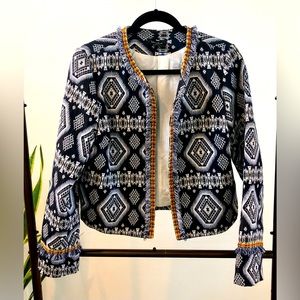 Stunning navy, white and orange open blazer with tribal embroidered pattern